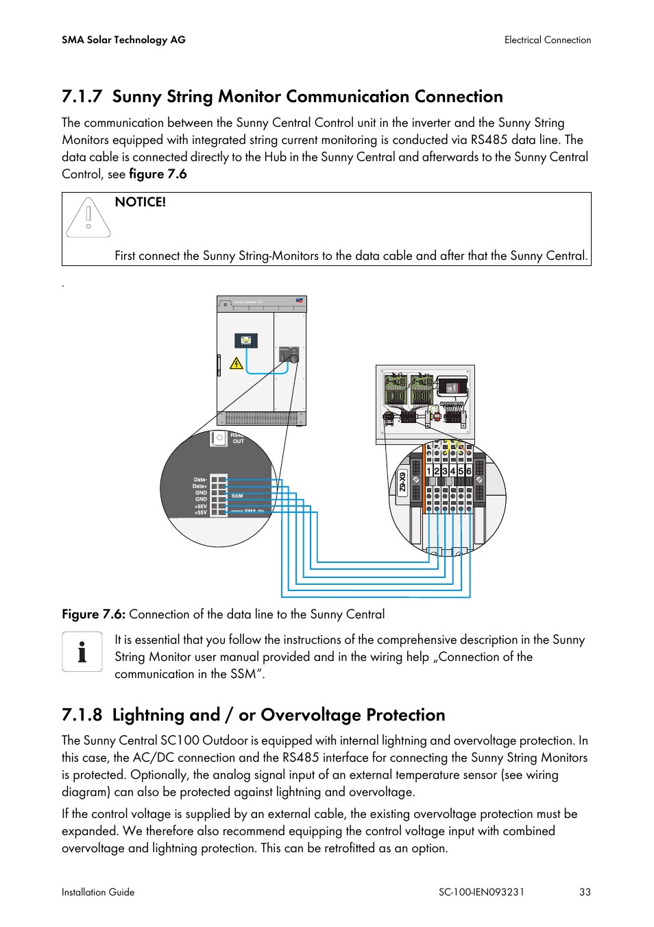 7 sunny string monitor communication connection, 8 lightning and / or overvoltage protection, Sunny string monitor communication connection | Lightning and / or overvoltage protection | SMA SC 100 Indoor Installation User Manual | Page 33 / 56