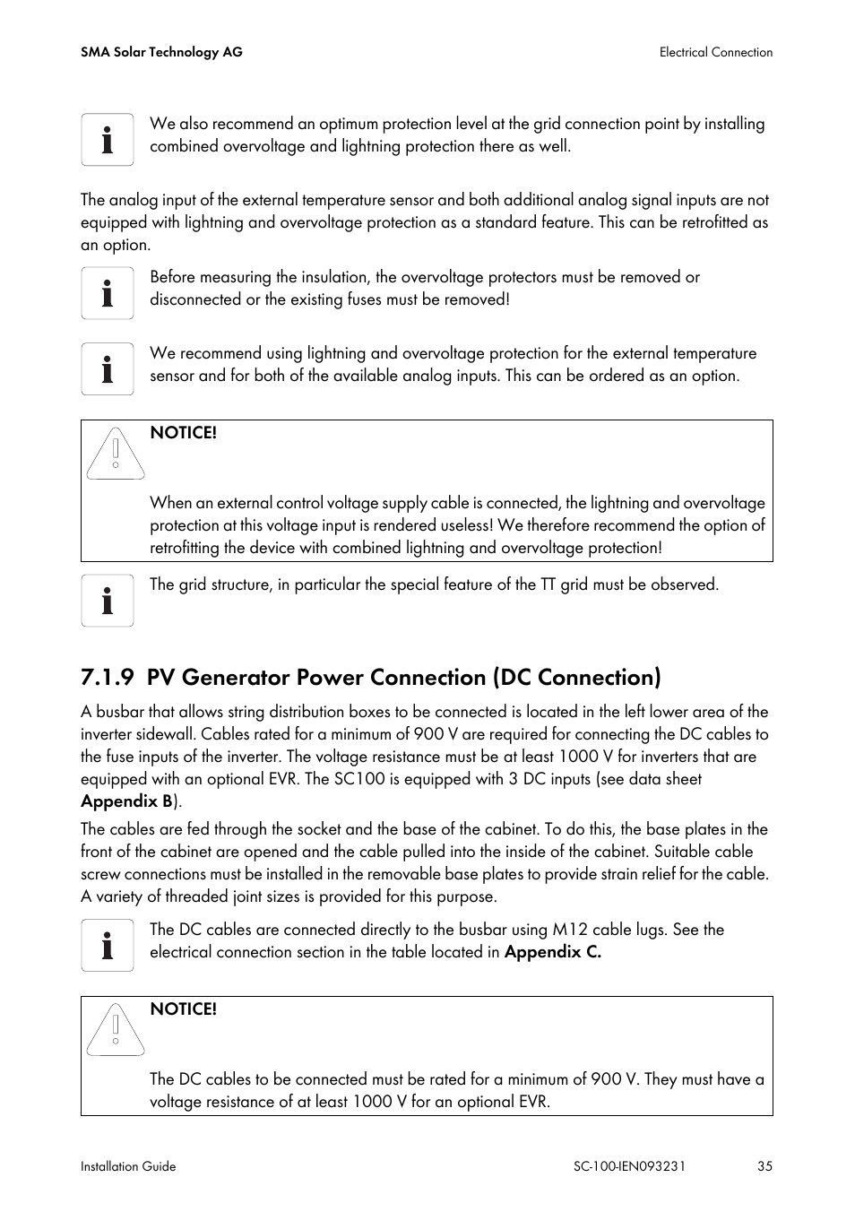 9 pv generator power connection (dc connection), Pv generator power connection (dc connection) | SMA SC 100 Indoor Installation User Manual | Page 35 / 56