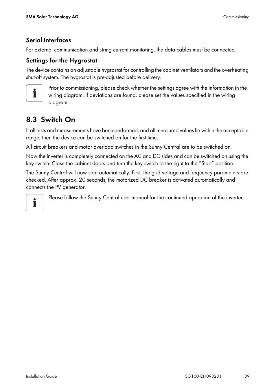 3 switch on, Switch on | SMA SC 100 Indoor Installation User Manual | Page 39 / 56