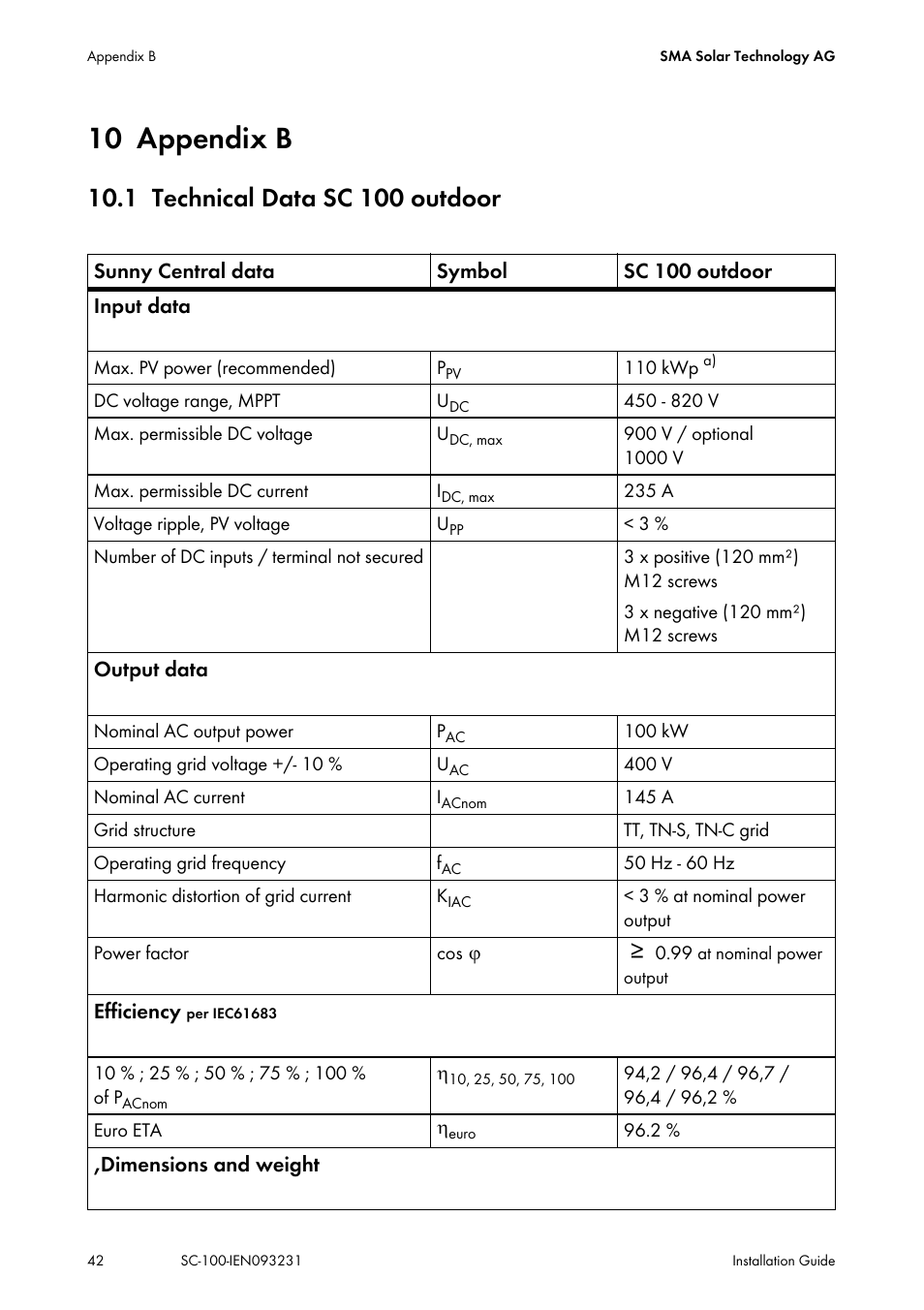 10 appendix b, 1 technical data sc 100 outdoor, Appendix b | Technical data sc 100 outdoor | SMA SC 100 Indoor Installation User Manual | Page 42 / 56
