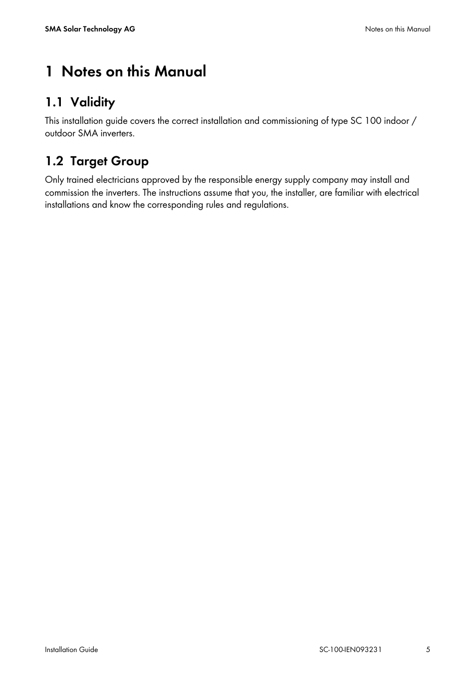1 notes on this manual, 1 validity, 2 target group | Notes on this manual, Validity, Target group | SMA SC 100 Indoor Installation User Manual | Page 5 / 56