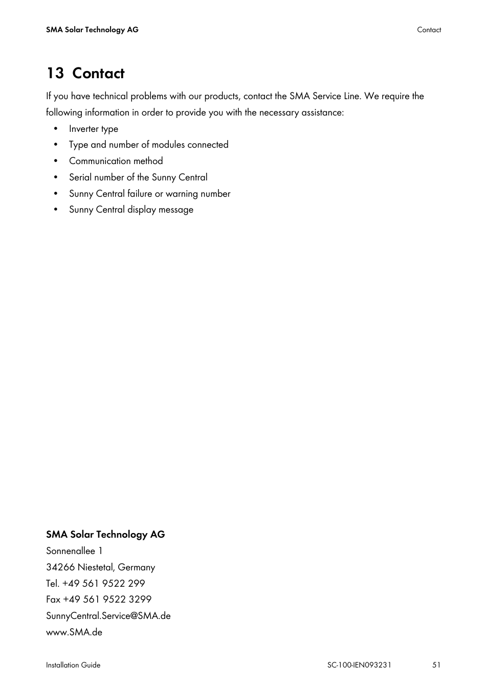 13 contact, Contact | SMA SC 100 Indoor Installation User Manual | Page 51 / 56