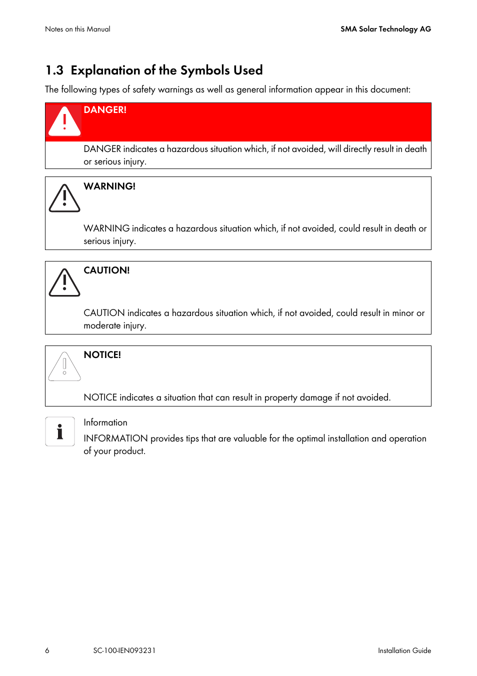 3 explanation of the symbols used, Explanation of the symbols used | SMA SC 100 Indoor Installation User Manual | Page 6 / 56
