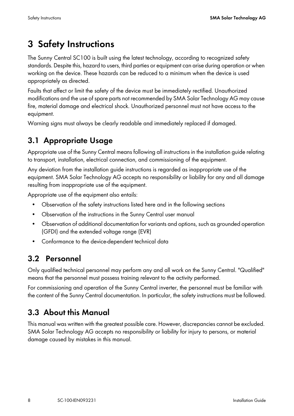 3 safety instructions, 1 appropriate usage, 2 personnel | 3 about this manual, Safety instructions, Appropriate usage, Personnel, About this manual | SMA SC 100 Indoor Installation User Manual | Page 8 / 56