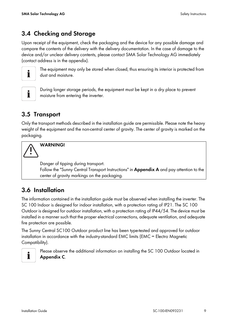 4 checking and storage, 5 transport, 6 installation | Checking and storage, Transport, Installation | SMA SC 100 Indoor Installation User Manual | Page 9 / 56