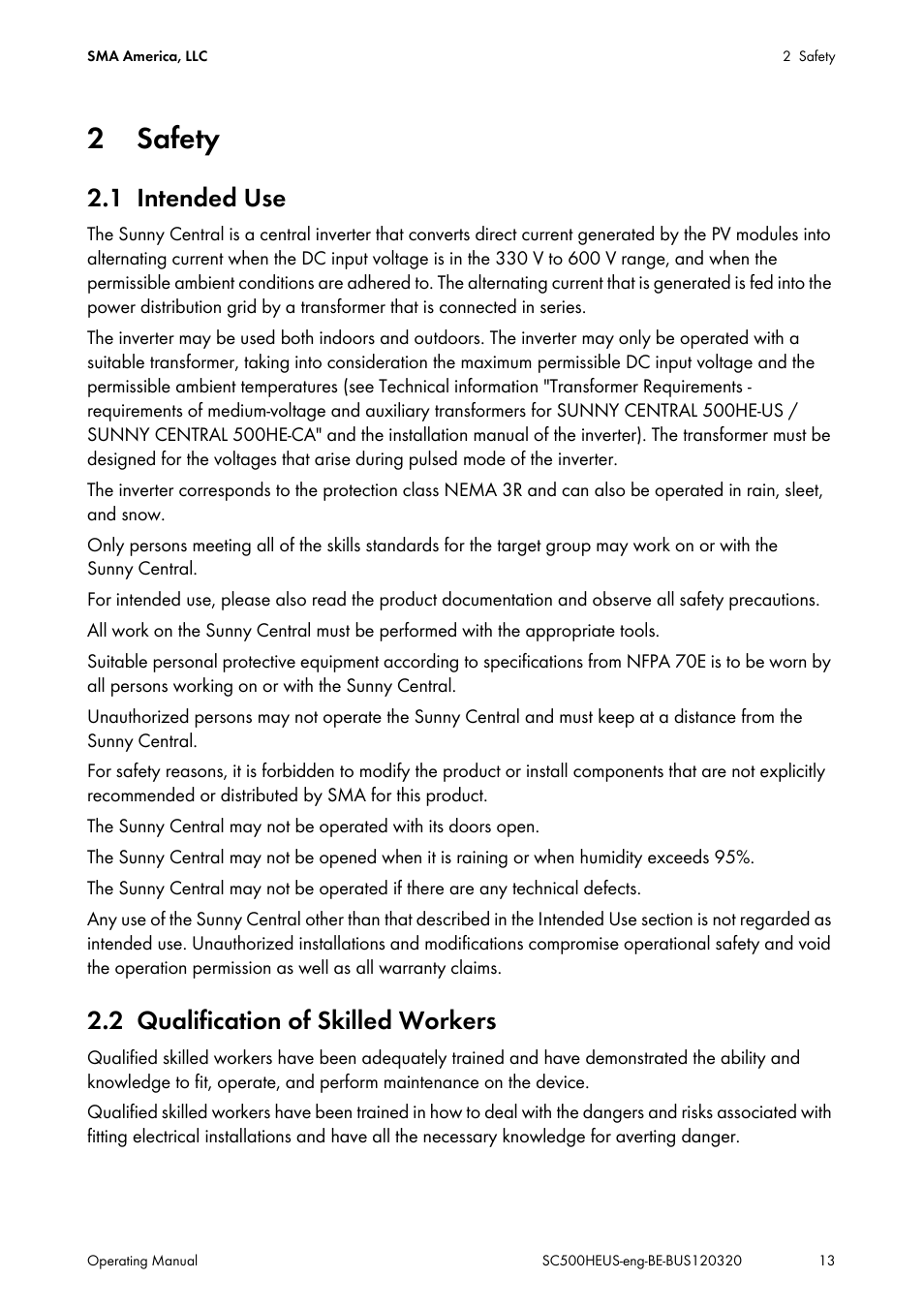 2 safety, 1 intended use, 2 qualification of skilled workers | Safety, Intended use, Qualification of skilled workers | SMA SC 500HE-US User Manual | Page 13 / 88