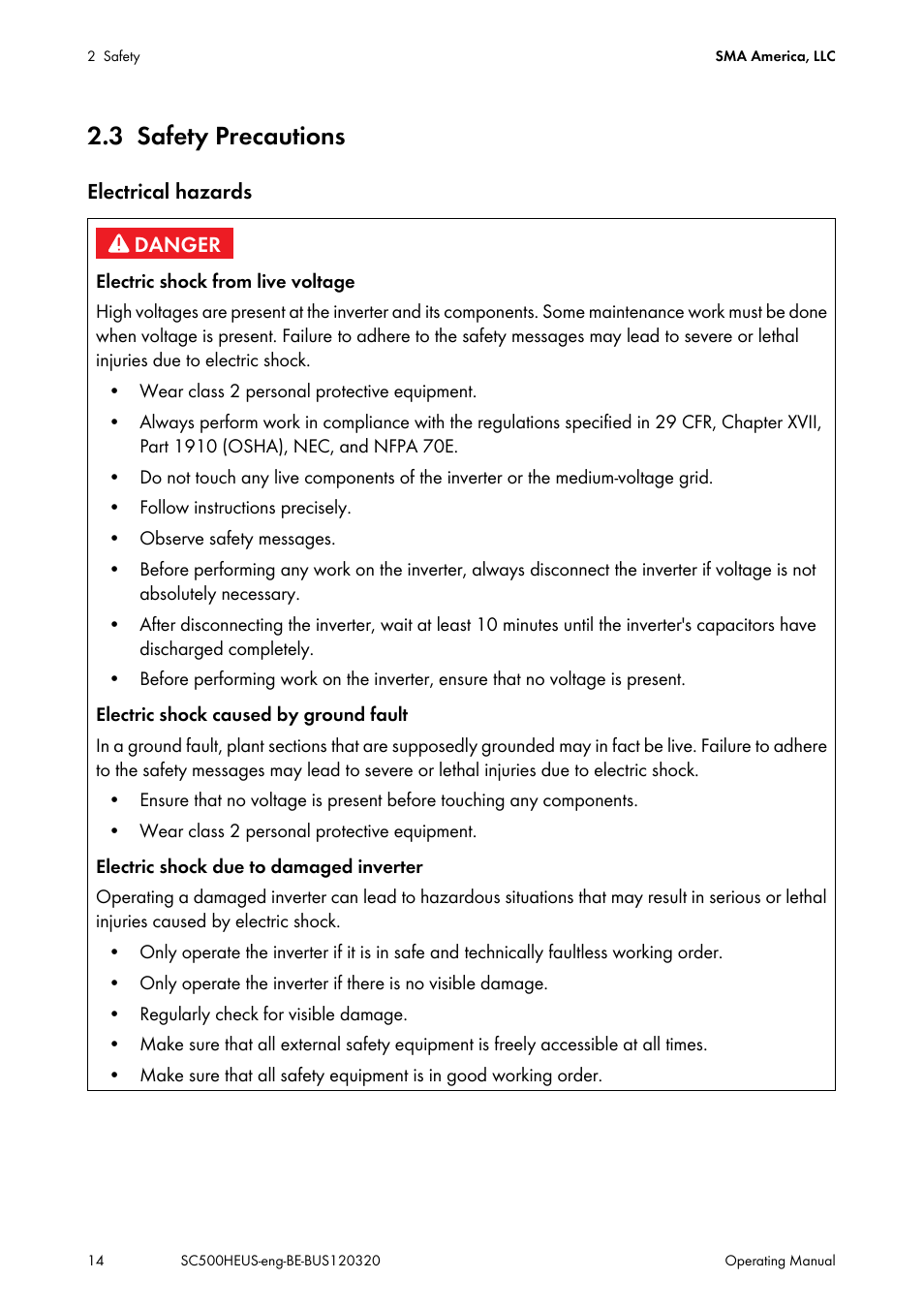3 safety precautions, Safety precautions | SMA SC 500HE-US User Manual | Page 14 / 88