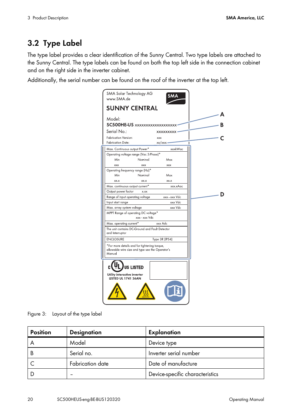2 type label, Type label | SMA SC 500HE-US User Manual | Page 20 / 88
