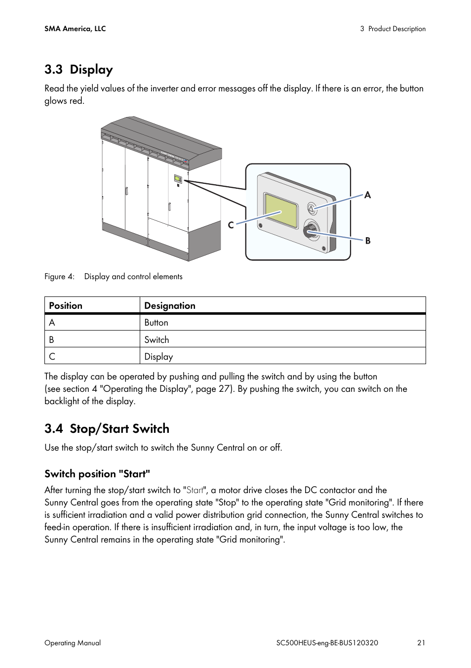 3 display, 4 stop/start switch, Display | Stop/start switch | SMA SC 500HE-US User Manual | Page 21 / 88
