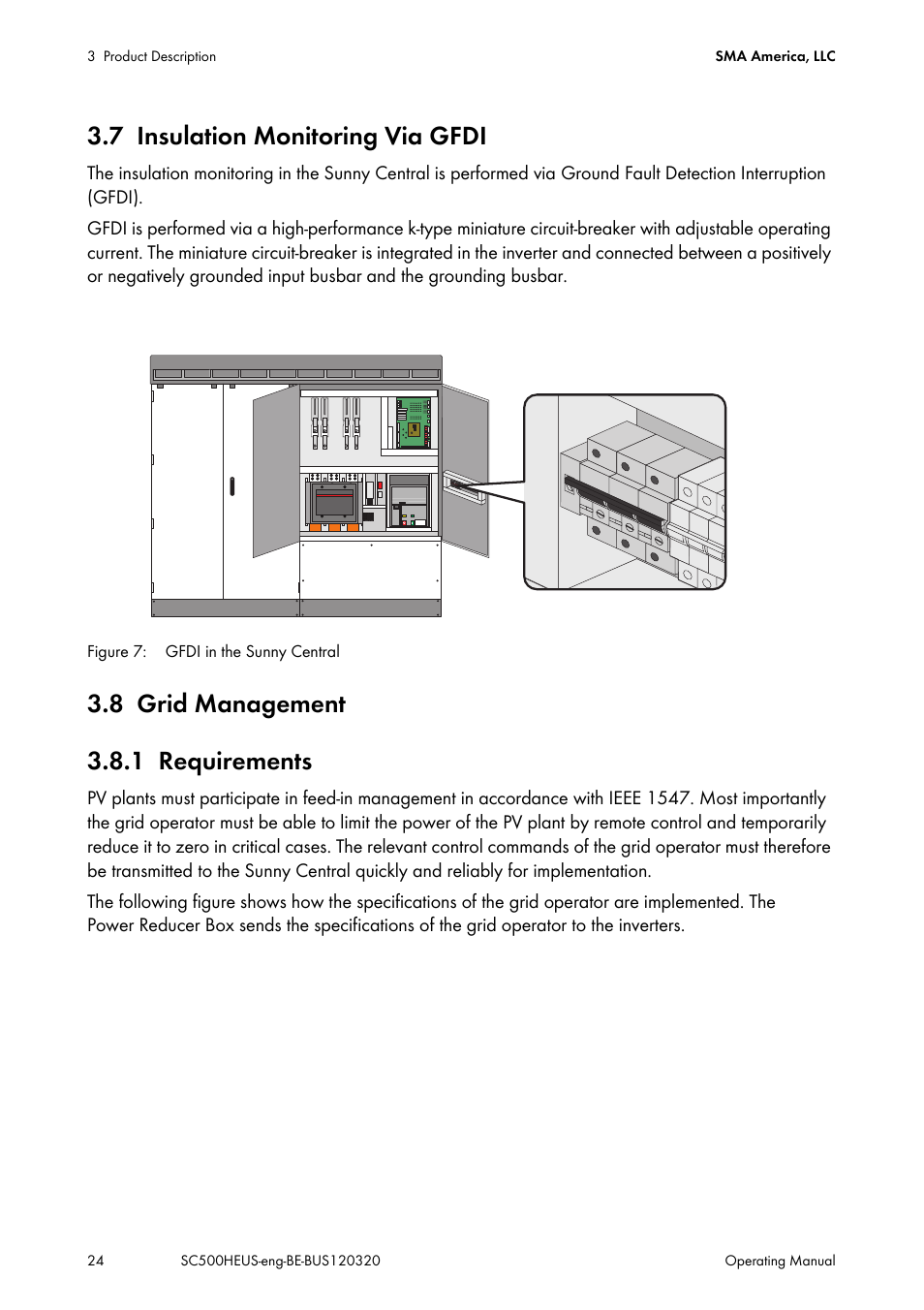 7 insulation monitoring via gfdi, 8 grid management, 1 requirements | Insulation monitoring via gfdi, Grid management, Requirements, 8 grid management 3.8.1 requirements | SMA SC 500HE-US User Manual | Page 24 / 88