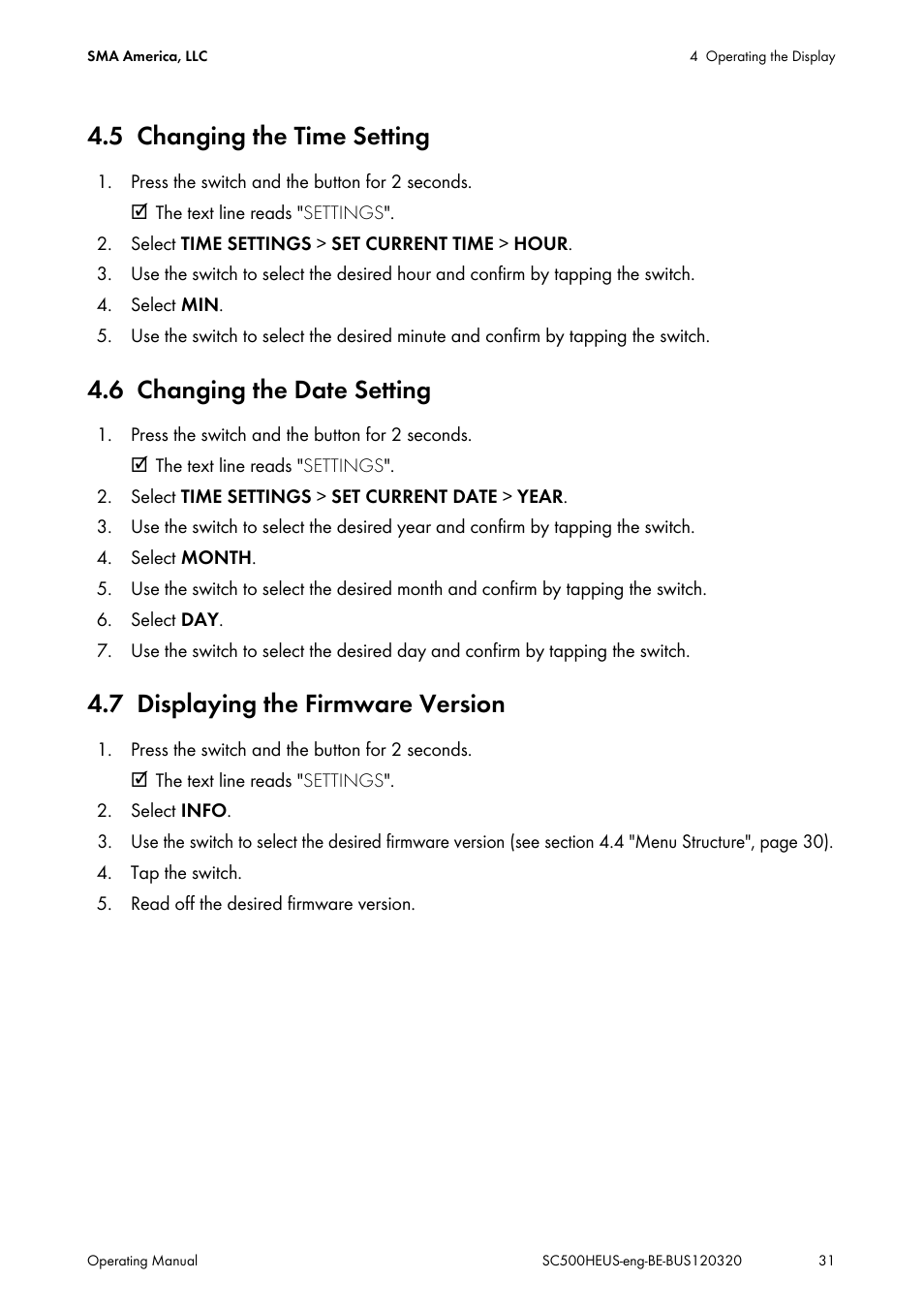 5 changing the time setting, 6 changing the date setting, 7 displaying the firmware version | Changing the time setting, Changing the date setting, Displaying the firmware version | SMA SC 500HE-US User Manual | Page 31 / 88