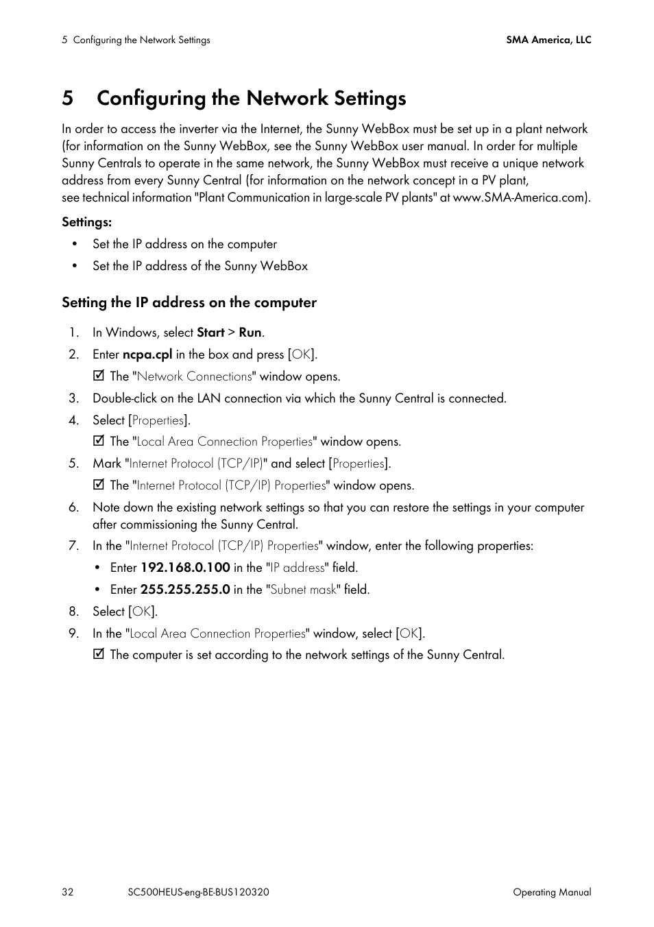 5 configuring the network settings, Configuring the network settings | SMA SC 500HE-US User Manual | Page 32 / 88