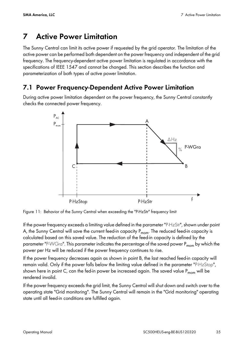 7 active power limitation, Active power limitation, Power frequency-dependent active power limitation | SMA SC 500HE-US User Manual | Page 35 / 88