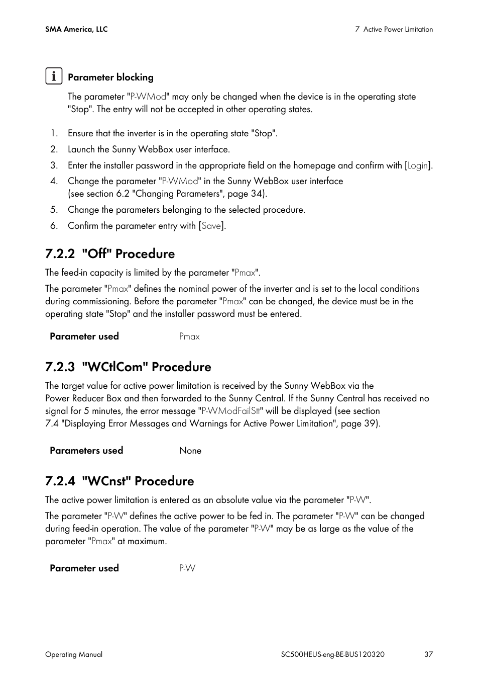 2 "off" procedure, 3 "wctlcom" procedure, 4 "wcnst" procedure | Off" procedure, Wctlcom" procedure, Wcnst" procedure | SMA SC 500HE-US User Manual | Page 37 / 88