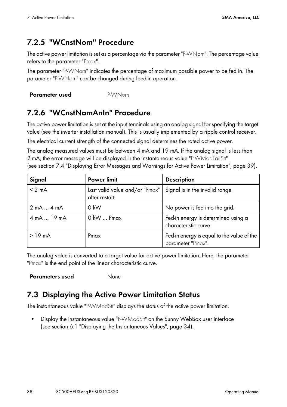 5 "wcnstnom" procedure, 6 "wcnstnomanin" procedure, 3 displaying the active power limitation status | Wcnstnom" procedure, Wcnstnomanin" procedure, Displaying the active power limitation status | SMA SC 500HE-US User Manual | Page 38 / 88