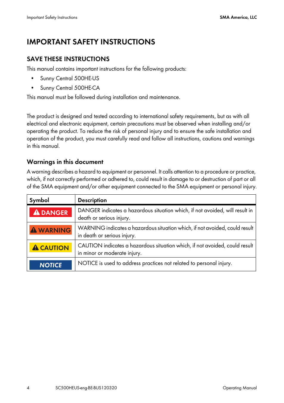 Important safety instructions | SMA SC 500HE-US User Manual | Page 4 / 88