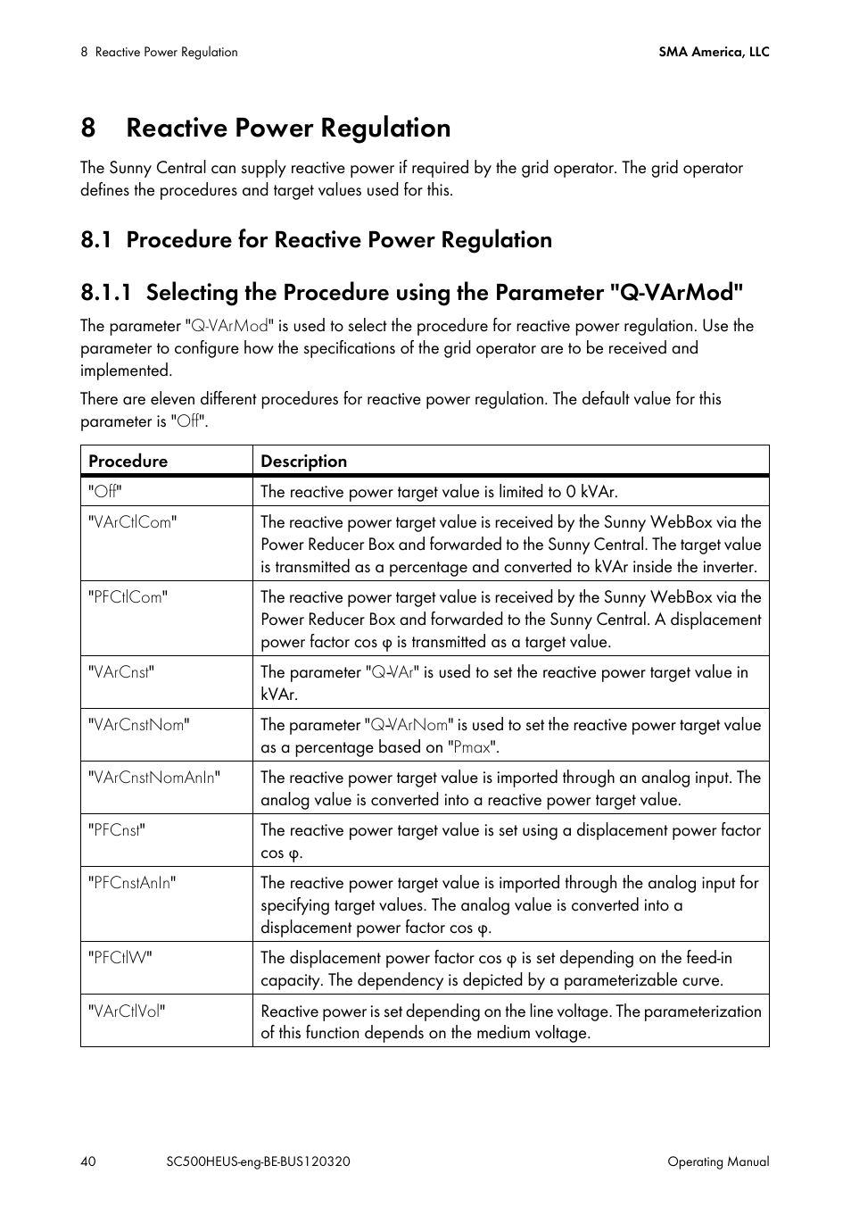 8 reactive power regulation, 1 procedure for reactive power regulation, Reactive power regulation | Procedure for reactive power regulation | SMA SC 500HE-US User Manual | Page 40 / 88