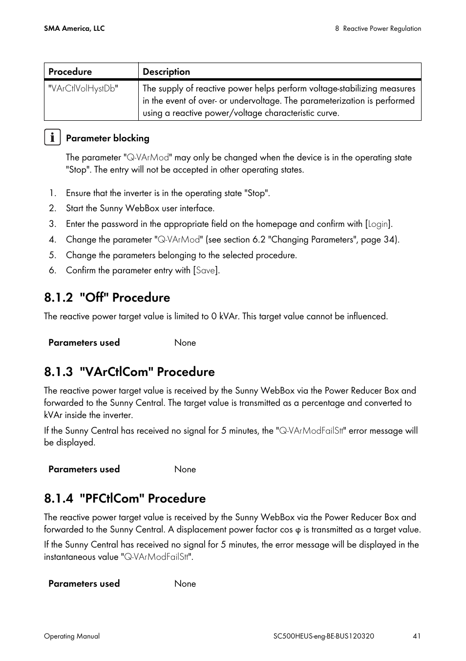 2 "off" procedure, 3 "varctlcom" procedure, 4 "pfctlcom" procedure | Off" procedure, Varctlcom" procedure, Pfctlcom" procedure | SMA SC 500HE-US User Manual | Page 41 / 88