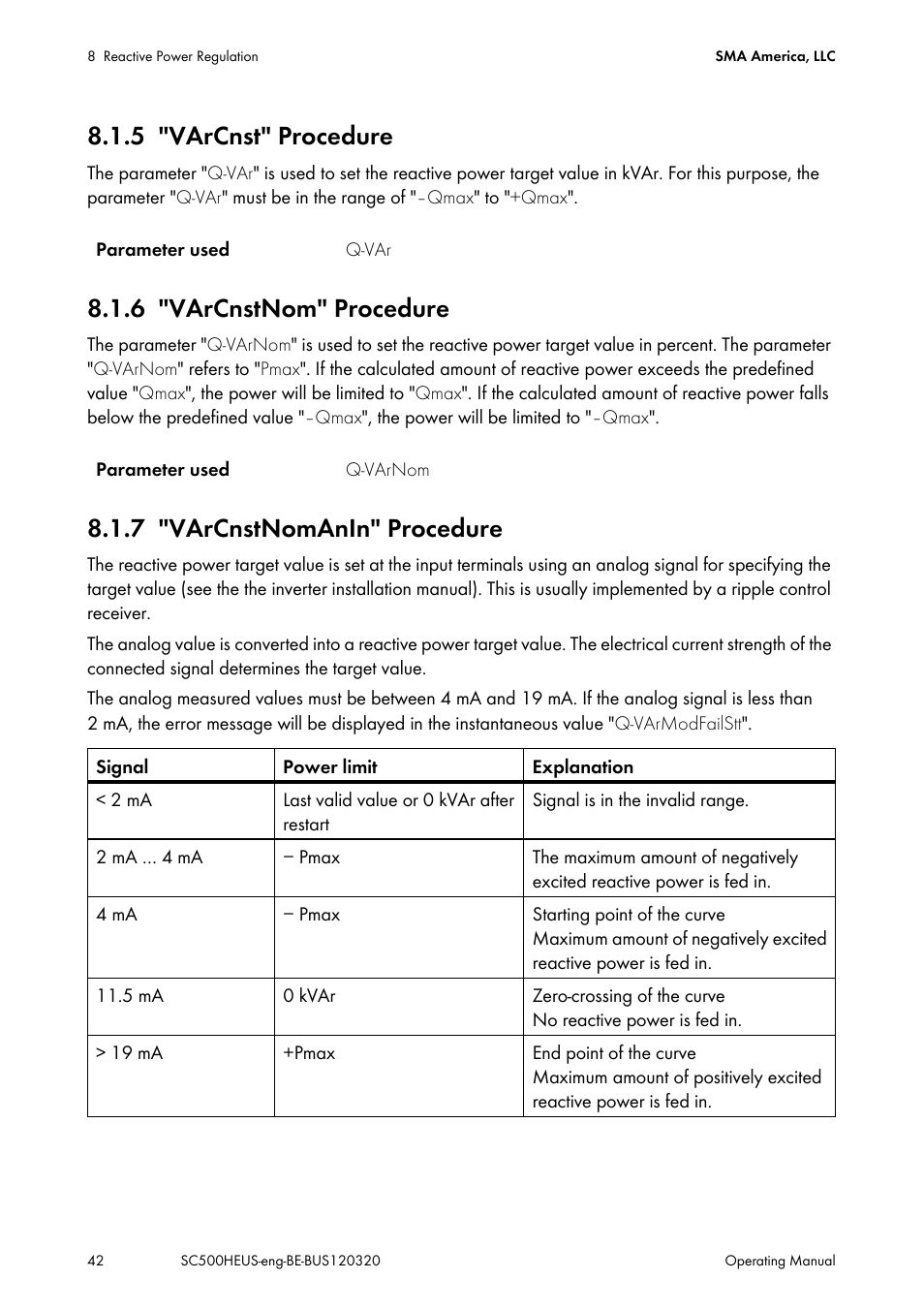 5 "varcnst" procedure, 6 "varcnstnom" procedure, 7 "varcnstnomanin" procedure | Varcnst" procedure, Varcnstnom" procedure, Varcnstnomanin" procedure | SMA SC 500HE-US User Manual | Page 42 / 88