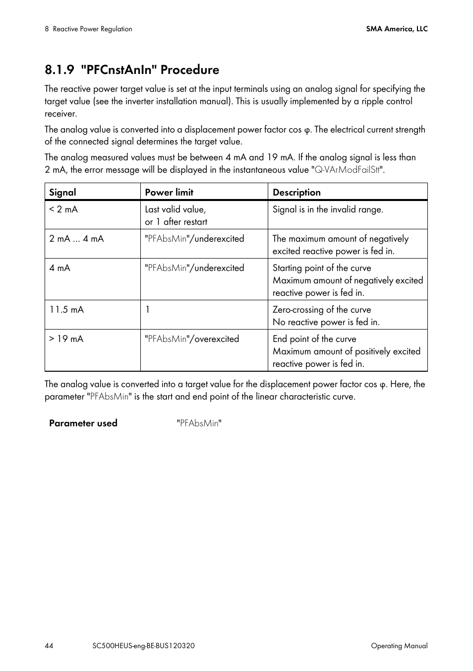 9 "pfcnstanin" procedure, Pfcnstanin" procedure | SMA SC 500HE-US User Manual | Page 44 / 88