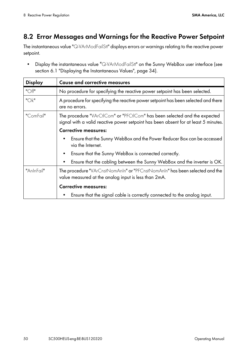 Error messages and warnings for the reactive power, Setpoint | SMA SC 500HE-US User Manual | Page 50 / 88