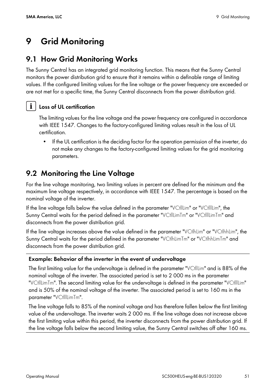 9 grid monitoring, 1 how grid monitoring works, 2 monitoring the line voltage | Grid monitoring, How grid monitoring works, Monitoring the line voltage | SMA SC 500HE-US User Manual | Page 51 / 88