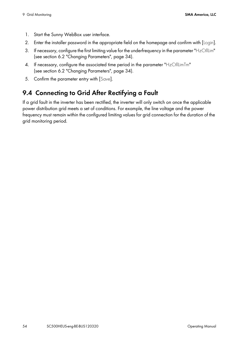 4 connecting to grid after rectifying a fault, Connecting to grid after rectifying a fault | SMA SC 500HE-US User Manual | Page 54 / 88