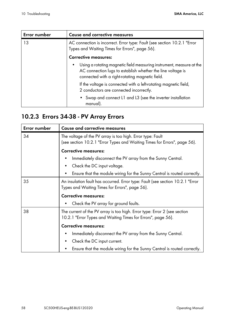 3 errors 34-38 - pv array errors, Errors 34-38 - pv array errors | SMA SC 500HE-US User Manual | Page 58 / 88