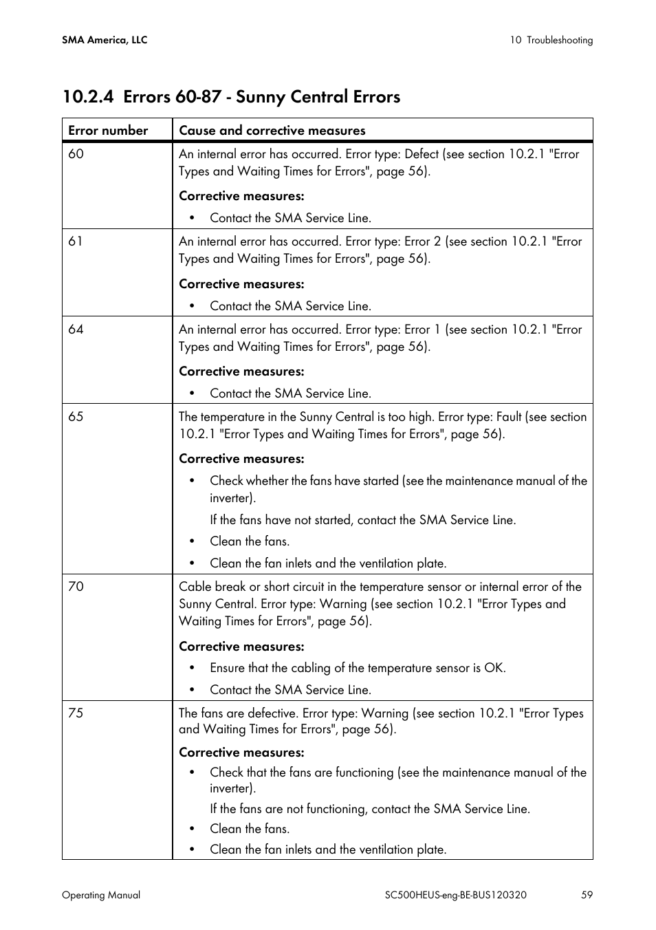 4 errors 60-87 - sunny central errors, Errors 60-87 - sunny central errors | SMA SC 500HE-US User Manual | Page 59 / 88