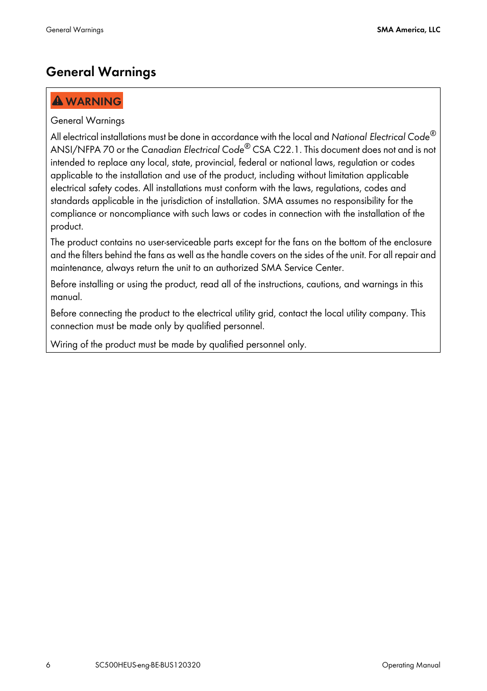 General warnings | SMA SC 500HE-US User Manual | Page 6 / 88