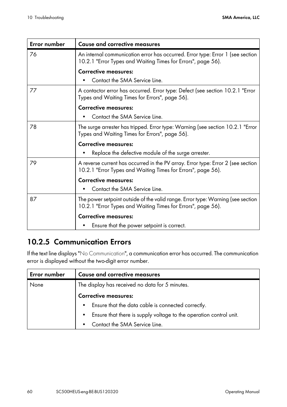 5 communication errors, Communication errors | SMA SC 500HE-US User Manual | Page 60 / 88