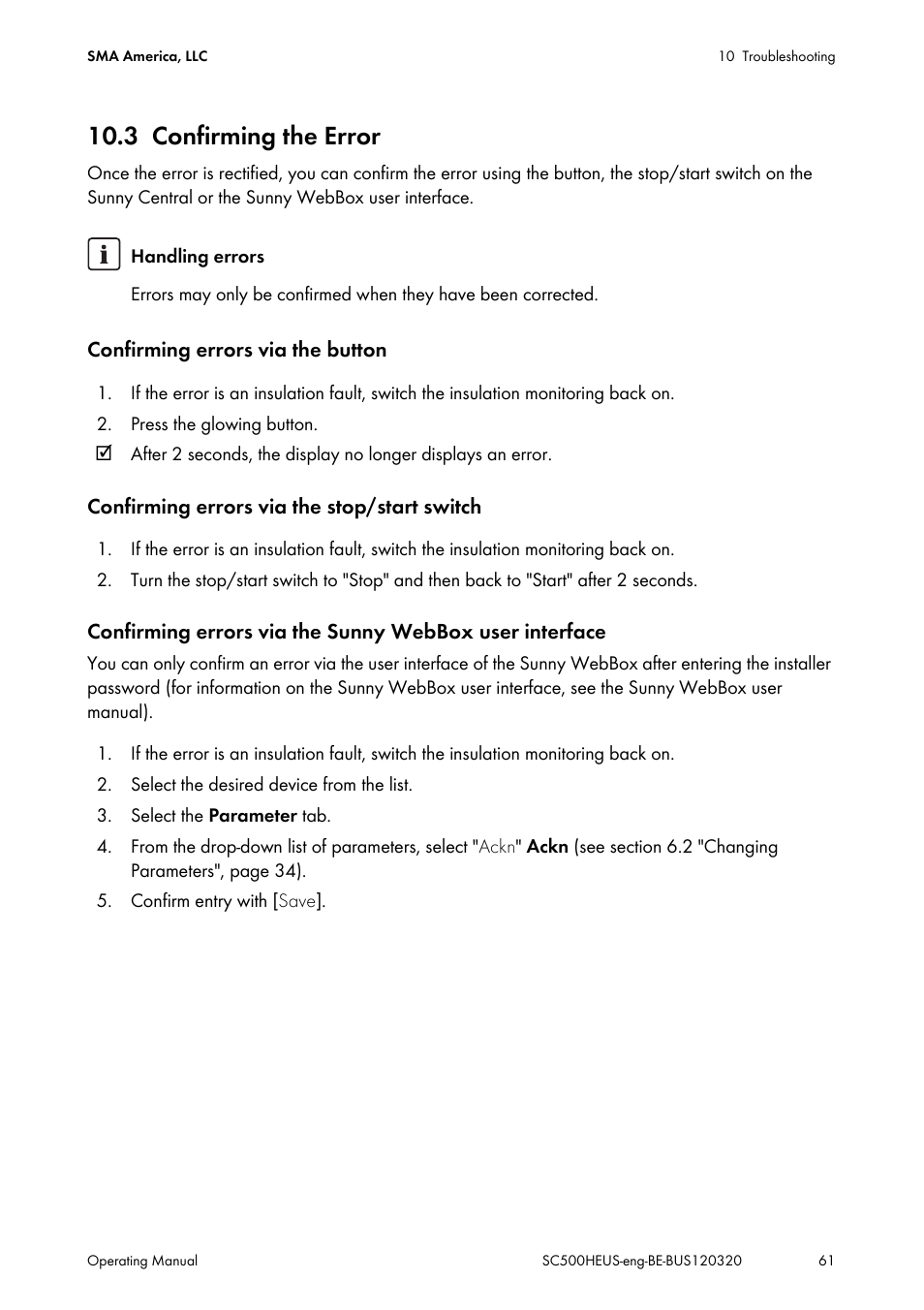 3 confirming the error, Confirming the error | SMA SC 500HE-US User Manual | Page 61 / 88
