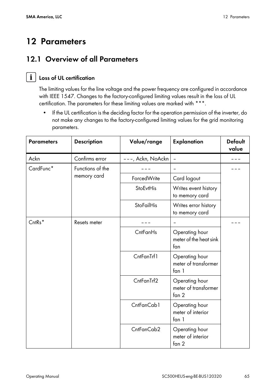 12 parameters, 1 overview of all parameters, Parameters | Overview of all parameters | SMA SC 500HE-US User Manual | Page 65 / 88