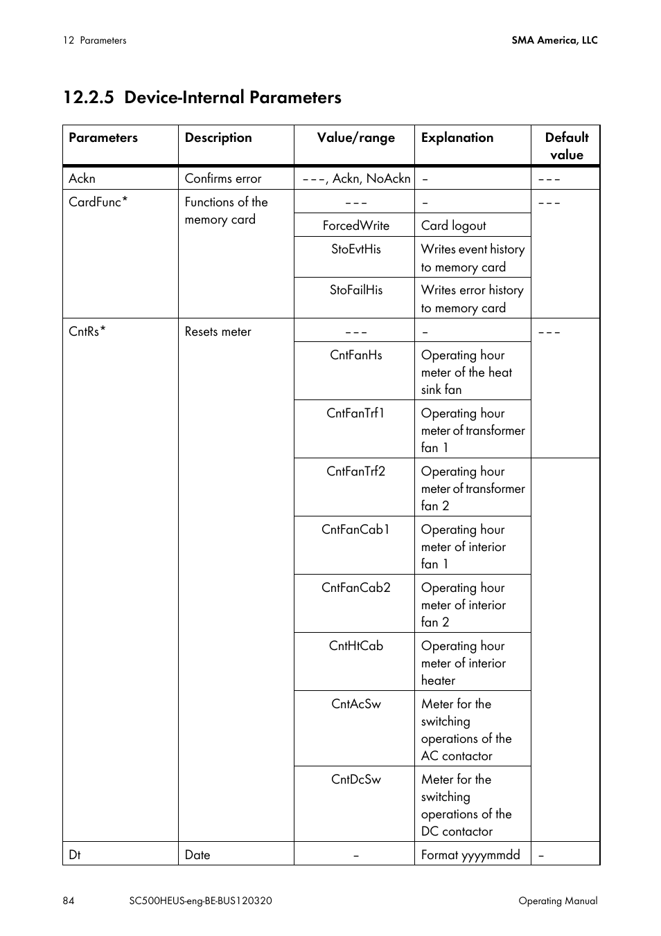 5 device-internal parameters, Device-internal parameters | SMA SC 500HE-US User Manual | Page 84 / 88