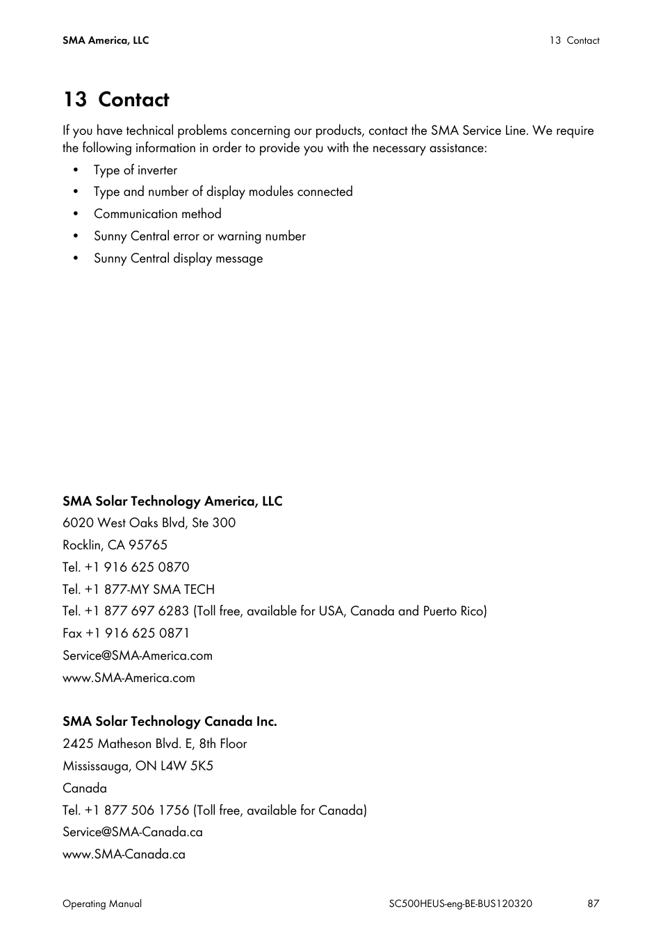13 contact, Contact | SMA SC 500HE-US User Manual | Page 87 / 88