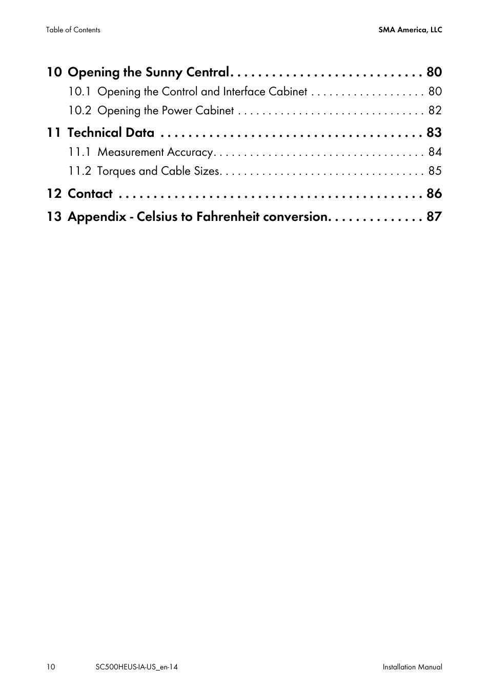 10 opening the sunny central, 11 technical data | SMA SC 500HE-US Installation User Manual | Page 10 / 88