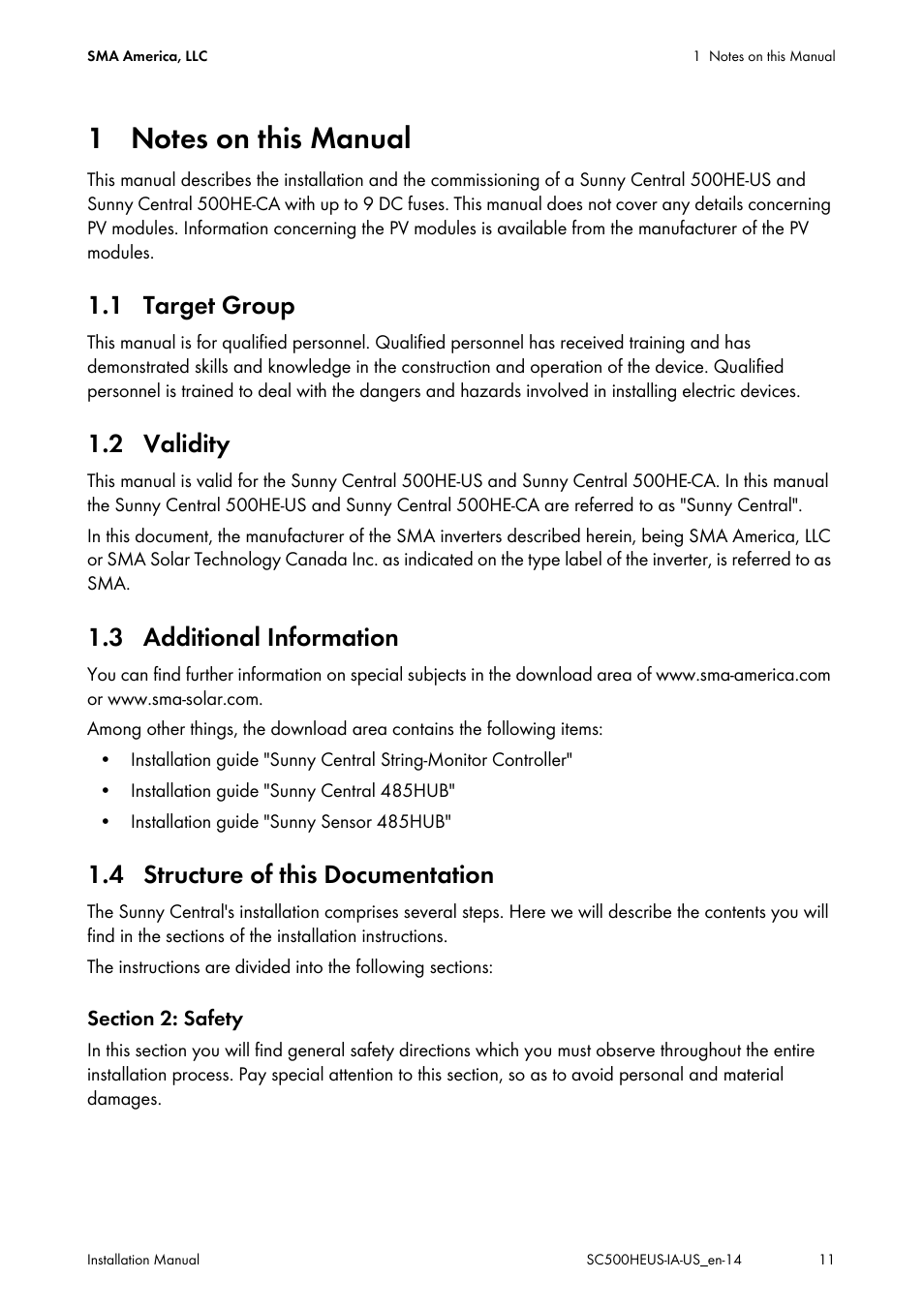 1 notes on this manual, 1 target group, 2 validity | 3 additional information, 4 structure of this documentation | SMA SC 500HE-US Installation User Manual | Page 11 / 88