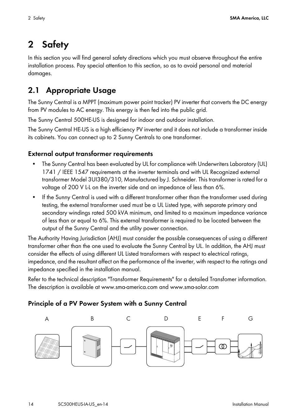 2 safety, 1 appropriate usage | SMA SC 500HE-US Installation User Manual | Page 14 / 88