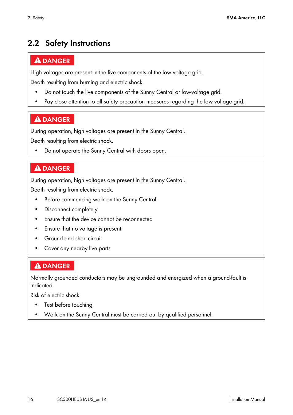 2 safety instructions | SMA SC 500HE-US Installation User Manual | Page 16 / 88