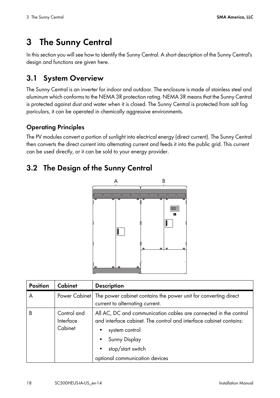 3 the sunny central, 1 system overview, 2 the design of the sunny central | SMA SC 500HE-US Installation User Manual | Page 18 / 88