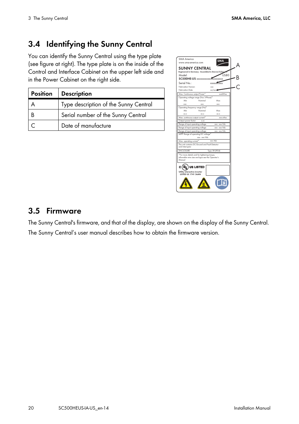 4 identifying the sunny central, 5 firmware, 4 identifying the sunny central 3.5 firmware | SMA SC 500HE-US Installation User Manual | Page 20 / 88