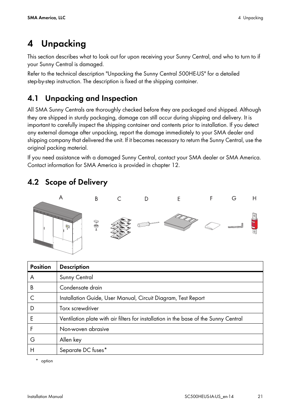 4 unpacking, 1 unpacking and inspection, 2 scope of delivery | 1 unpacking and inspection 4.2 scope of delivery | SMA SC 500HE-US Installation User Manual | Page 21 / 88