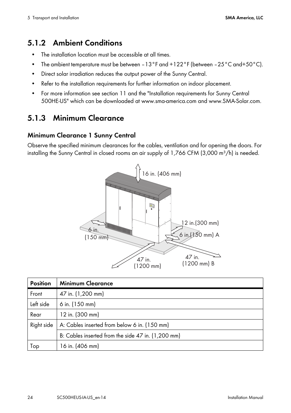 2 ambient conditions, 3 minimum clearance, 2 ambient conditions 5.1.3 minimum clearance | SMA SC 500HE-US Installation User Manual | Page 24 / 88