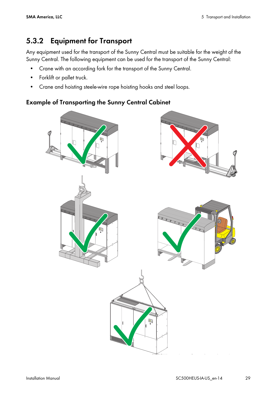 2 equipment for transport, Example of transporting the sunny central cabinet | SMA SC 500HE-US Installation User Manual | Page 29 / 88