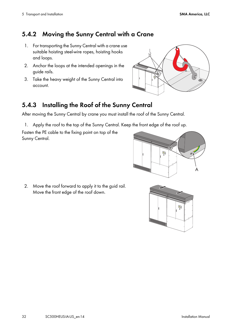 2 moving the sunny central with a crane, 3 installing the roof of the sunny central | SMA SC 500HE-US Installation User Manual | Page 32 / 88