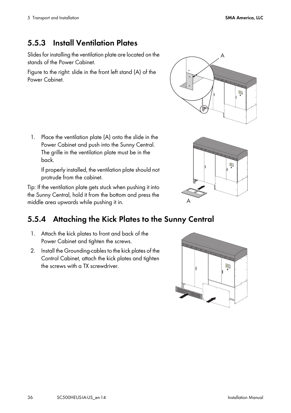 3 install ventilation plates, 4 attaching the kick plates to the sunny central | SMA SC 500HE-US Installation User Manual | Page 36 / 88