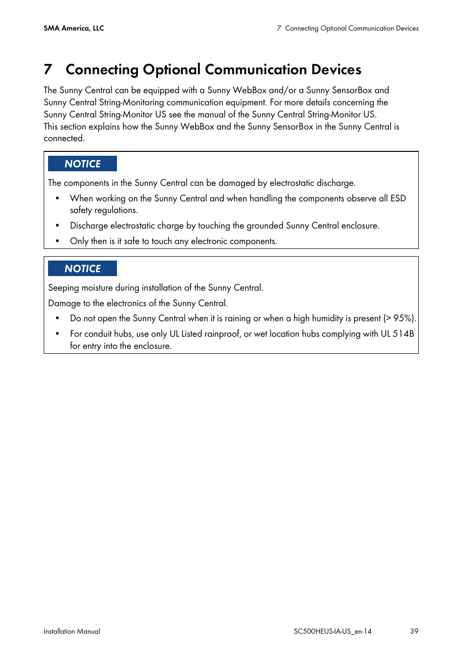 7 connecting optional communication devices | SMA SC 500HE-US Installation User Manual | Page 39 / 88