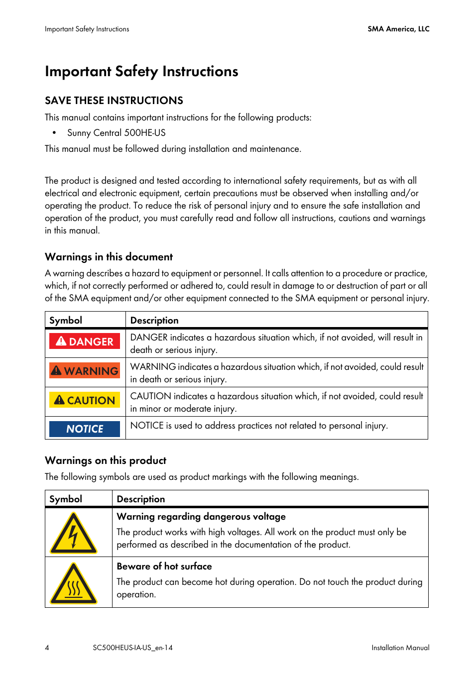 Important safety instructions | SMA SC 500HE-US Installation User Manual | Page 4 / 88