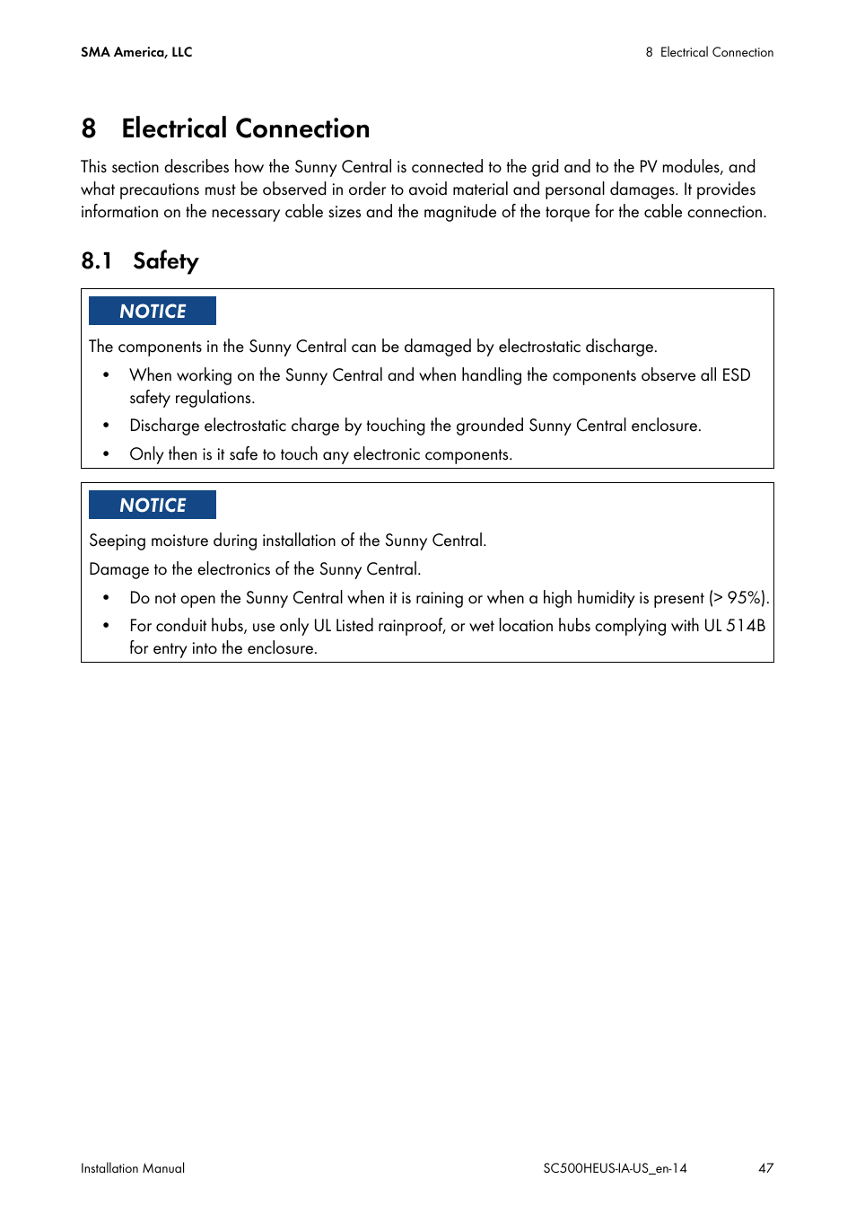 8 electrical connection, 1 safety | SMA SC 500HE-US Installation User Manual | Page 47 / 88