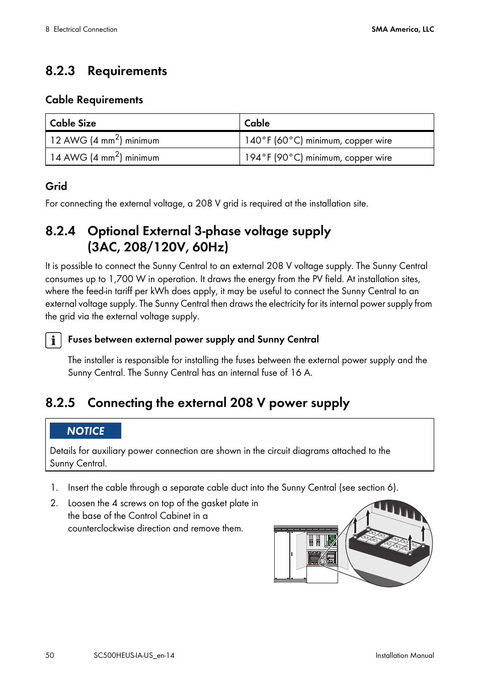 3 requirements, 5 connecting the external 208 v power supply, 4 optional external 3-phase voltage supply | 3ac, 208/120v, 60hz) | SMA SC 500HE-US Installation User Manual | Page 50 / 88